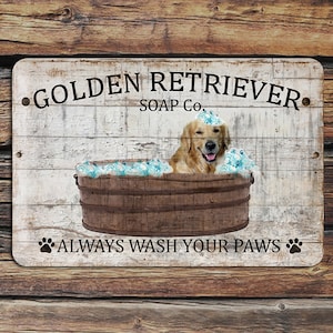 9"x12" Metal Golden Retriever Soap Company Always Wash Your Paws Funny Bathroom  Aluminum SIGN Bath Wall Plaque