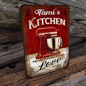 9"x12" Custom Your Name's Kitchen Meals Made With Love MIxer Retro  Rustic  Aluminum Farmhouse SIGN Wall Plaque