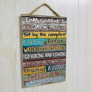 Personalized Custom CAMPING RULES Sign 7x10.5 Camper RV Wall Decor Plaque Campground Owner Gift image 1