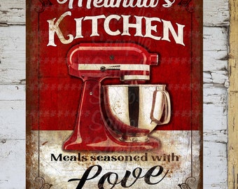 Custom Personalized Your Name&#39;s Kitchen Meals Made With Love Mixer Retro Rustic 9&quot;x12&quot; Aluminum Farmhouse SIGN Wall Decor Plaque