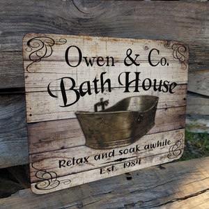 9"x12" Custom Your Name & Company Bath House Vintage Farmhouse Style Bathroom  Aluminum SIGN Bath Wall Plaque