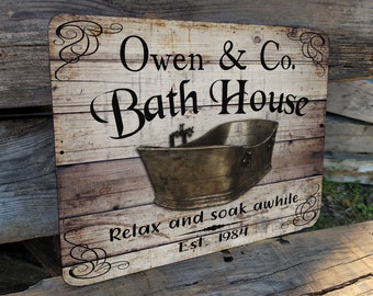 9"x12" Custom Your Name & Company Bath House Vintage Farmhouse Style Bathroom  Aluminum SIGN Bath Wall Plaque