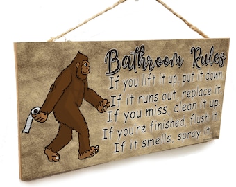 Bigfoot Sasquatch, Bathroom Rules If It Smells Spray It 5" x 10" Rustic SIGN Bath Wall Plaque