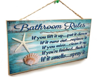 Seashell Bathroom Rules If It Smells Spray It 5" x 10" Beach SIGN Bath Wall Plaque