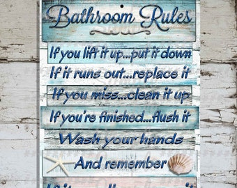 Bathroom Rules If It Smells Spray It Seashells Beach House Bathroom Plaque 9"x12" Metal Sign