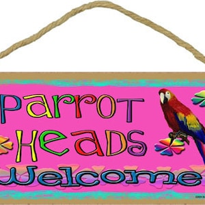 PARROT HEADS Welcome Tropical 5" x 10" SIGN Beach Luau Tiki Bar Man Cave Plaque