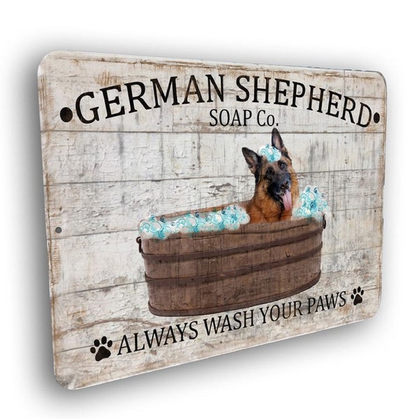 9"x12" Metal German Shepherd Soap Company Always Wash Your Paws Funny Bathroom  Aluminum SIGN Bath Wall Plaque