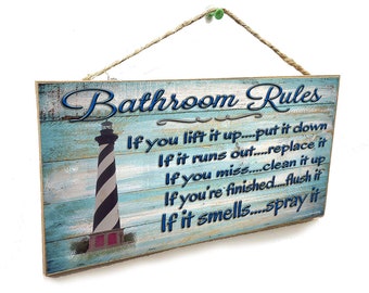 Lighthouse Bathroom Rules If It Smells Spray It 5" x 10" Beach SIGN Bath Wall Plaque