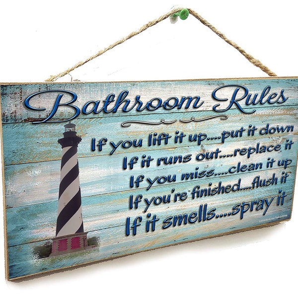 Lighthouse Bathroom Rules If It Smells Spray It 5" x 10" Beach SIGN Bath Wall Plaque