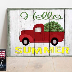 Hello Summer Red Truck With Watermelons Farmhouse Rustic Metal 9" x 12" Door Wreath SIGN Porch Hanger Wall Hanging Plaque Country