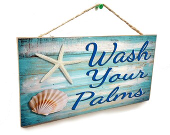 Wash Your Palms Seashells BATH BEACH Sea Ocean Nautical Tiki Bar 5" x 10" SIGN Wall Plaque