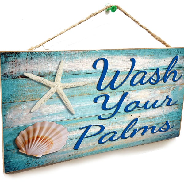Wash Your Palms Seashells BATH BEACH Sea Ocean Nautical Tiki Bar 5" x 10" SIGN Wall Plaque