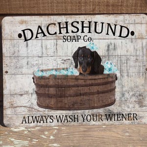Black Dachshund Soap Company Always Wash Your Wiener Bathroom 9&quot;x12&quot; Door Wreath Metal SIGN Bath Wall Hanging Pet Doxie Aluminum Plaque