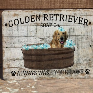 Golden Retriever Soap Company Always Wash Your Paws Bathroom Metal Dog Pet Door Wreath SIGN Bath Wall Hanging Plaque Powder Room Decor