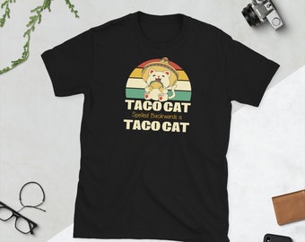 Taco Cat Spelled Backwards Is Taco Cat Retro Sunset Kitty Wearing Sombrero Short-Sleeve Unisex T-Shirt