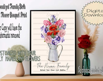 Custom Personalized Family Birth Month Flower Bouquet Printable Digital Download Mother's Day Gift Grandmother Present