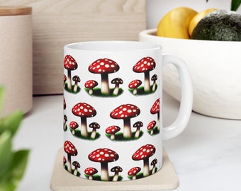 Red Spotted Cap Mushrooms Ceramic Coffee Tea Cup Mug 11oz Boho Forest Foraging Fungi Woodland Toadstools Nature Gift