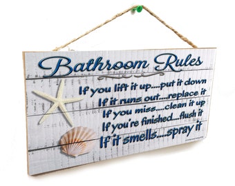 White Seashell Bathroom Rules If It Smells Spray It 5" x 10" Beach SIGN Bath Wall Plaque