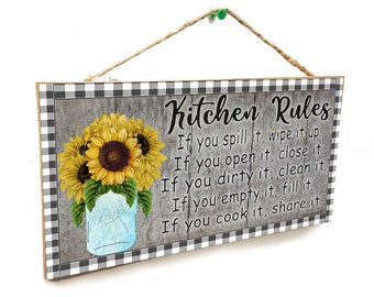 Kitchen Rules If You Cook It Share It  Farmhouse Buffalo Check Mason Jar Sunflowers 5" x 10" SIGN Wall Plaque