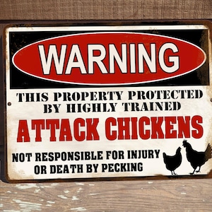 Warning Protected By Highly Trained Attack Chickens Farmhouse Homestead Metal Door Wreath Sign Wall Hanging Plaque 9"x12" Coop Decoration