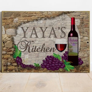 YAYA'S Kitchen Italian Vintage Tusca Wine Cellar Style 9" x 12" Metal SIGN Wall Plaque Bottle of Wine and Grapes