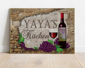 YAYA'S Kitchen Italian Vintage Tusca Wine Cellar Style 9" x 12" Metal SIGN Wall Plaque Bottle of Wine and Grapes