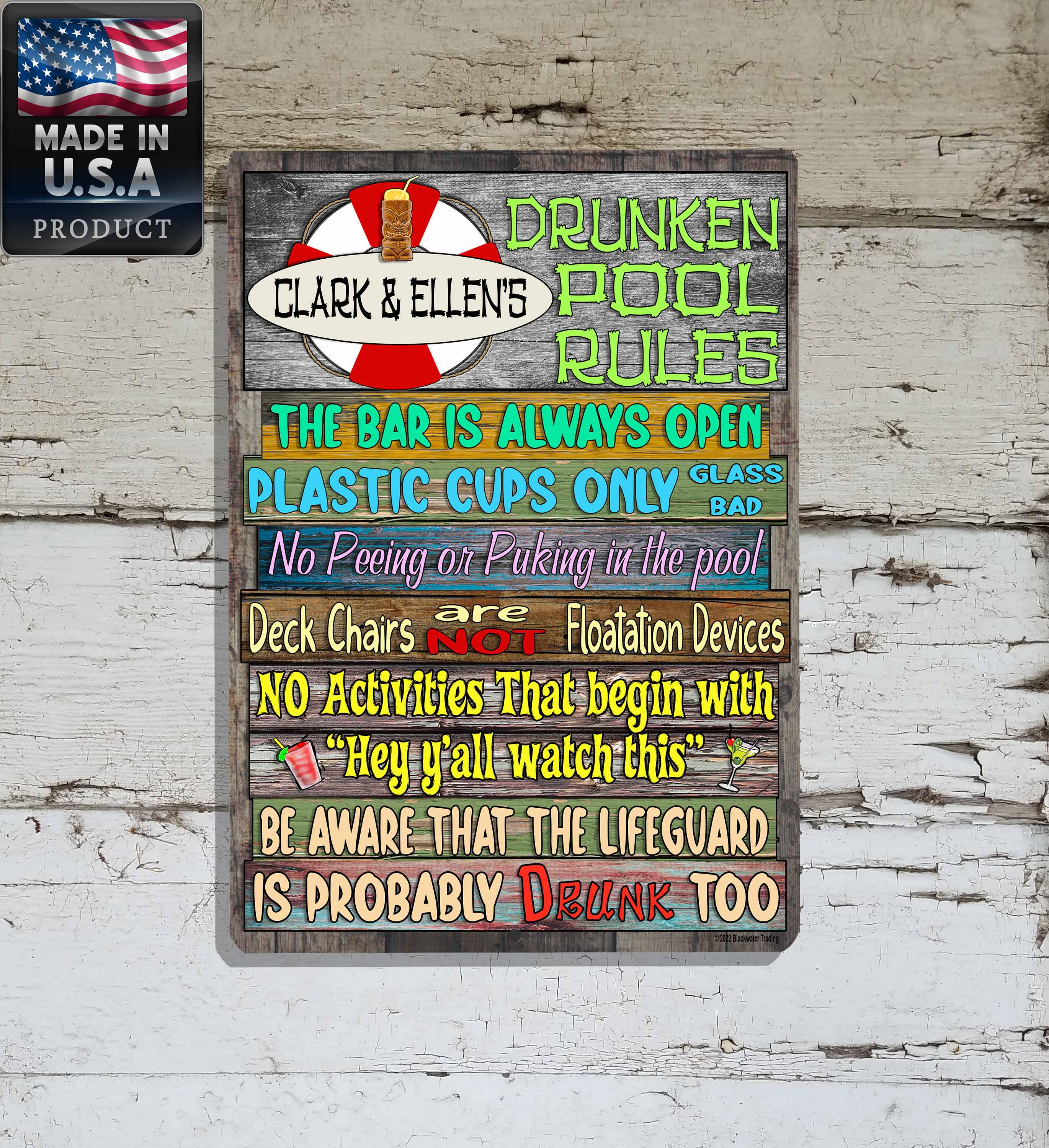 Personalized "Your Name's" Drunken Pool Rules Bar Always Open No Peeing Lifeguard Drunk Too 9x12" Metal Door Wreath SIGN Wall Hanging Plaque