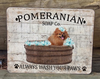 Pomeranian Soap Company Always Wash Your Paws Bathroom 9&quot;x12&quot; Metal Wall Wreath Door SIGN Dog In Wash Tub Pet Farmhouse Bath Decor Plaque