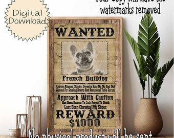 Printable Wanted Western Poster Style French Bulldog Fun Dog Pet Print DIY Digital Download Downloadable