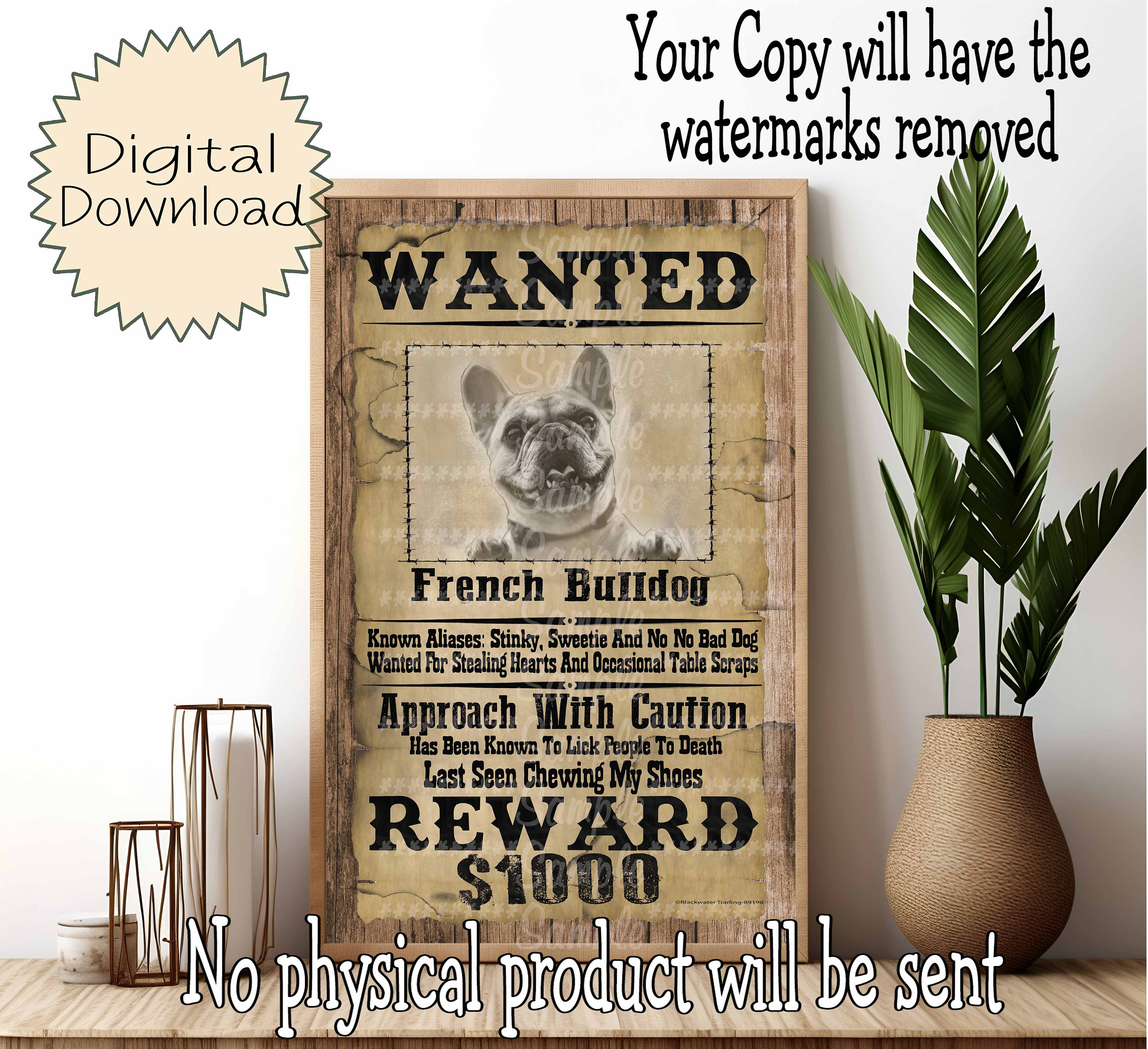 Printable Wanted Western Poster Style French Bulldog Fun Dog Pet Print DIY Digital Download Downloadable Etsy