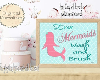 Even Mermaids Wash And Brush Downloadable Digital Print Rustic Kids Bathroom Printable DIY