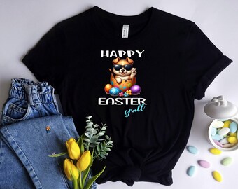 Happy Easter Y'all Puppy in Egg Wearing Sunglasses Making Peace Sign Dog Lover Holiday Bella T-shirt