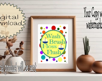 Sailboats Wash Brush Floss Flush Polka Dot Downloadable Digital Print Kids Bathroom Printable DIY