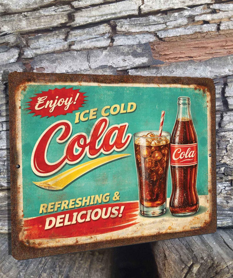 Enjoy Refreshing Ice Cold Cola Retro Diner Style Sign Rusted Look Metal ...