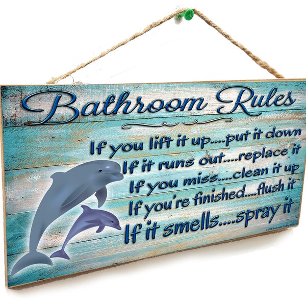 Dolphins Bathroom Rules If It Smells Spray It 5" x 10" Beach SIGN Bath Wall Plaque