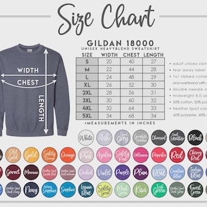 May include: A Gildan 18000 unisex heavyblend sweatshirt size chart featuring a dark grey sweatshirt graphic with width, chest, and length arrows. Includes a table with sizes S to 5XL in inches, product details, and a colour palette of 50 circular swatches.