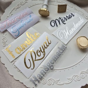 Vinyl stickers, personalized stickers, name lettering, name labels, lettering, company stickers