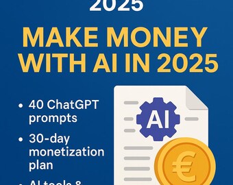 Può includere: Una grafica blu e bianca con il testo "CATALYST AI TOOLKIT 2025 MAKE MONEY WITH AI IN 2025". La grafica include anche un documento con un'icona a forma di ingranaggio etichettata "AI" e una moneta d'oro con un simbolo euro.