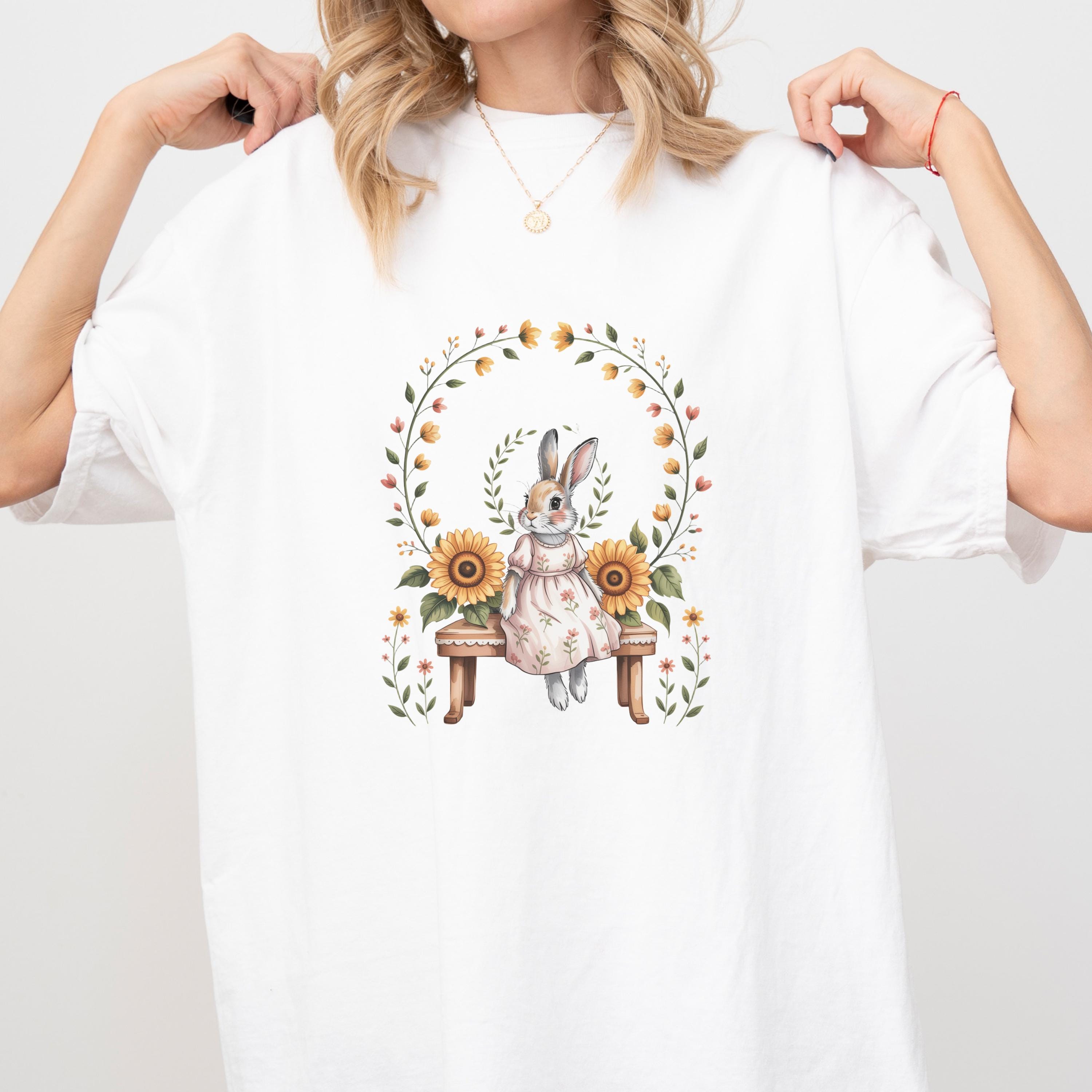 Cute Bunny Graphic T-Shirt, Floral Rabbit Garden Shirt, Cottagecore Animal Tee, Vintage Style Animal Shirt, Gift for Her
