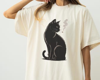 Black Cat Graphic T-Shirt, 100% Cotton Unisex Tee, Minimalist Cat Illustration Shirt, Casual Streetwear Top