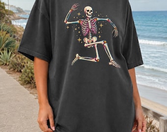 Dancing Skeleton T-Shirt, Colorful Retro Halloween Graphic Tee, Spooky Season Gift