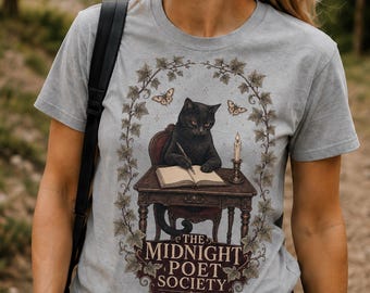 Black Cat Literary T-Shirt, Midnight Poet Society Gothic Book Graphic Tee