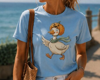 Halloween Duck T-Shirt, Pumpkin Hat and Green Scarf Watercolor Graphic Tee