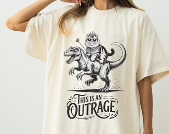 Funny Cat Dinosaur T-Shirt, Black Graphic Tee, This Is An Outrage Design, Unisex Cotton Shirt