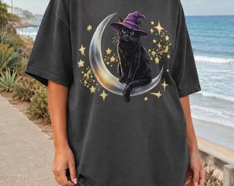 Black Cat Witch T-Shirt, Crescent Moon and Stars Halloween Graphic Tee, Whimsigoth Cat Lover Gift