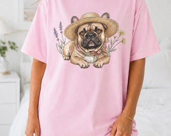 French Bulldog T-Shirt, Straw Hat and Wildflower Dog Graphic