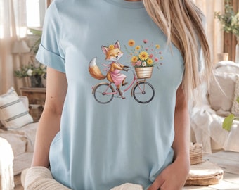 Fox On Bike Tシャツ：コテージコア フローラル サマーTシャツ