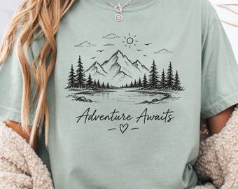 Adventure Awaits Mountain Line Art T-Shirt, Minimalist Nature Lover Tee