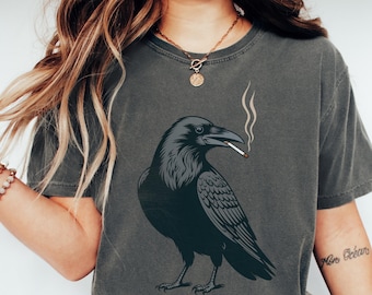Crow Graphic T-Shirt, Unisex Cotton Tee with Raven Illustration, Dark Art Animal Shirt, Minimalist Black Bird Design