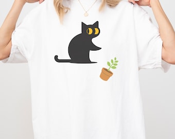 Schwarzes Katzen-T-Shirt mit minimalistischer Katzenillustration, Unisex-Baumwollshirt